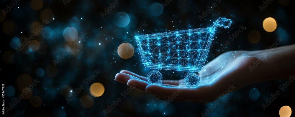 Aufkleber hand holding a glowing blue digital shopping cart icon, dark background with bokeh lights, futuristi