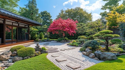 Obraz premium Serene Japanese garden with vibrant flowers, stepping stones, and meticulously manicured plants.