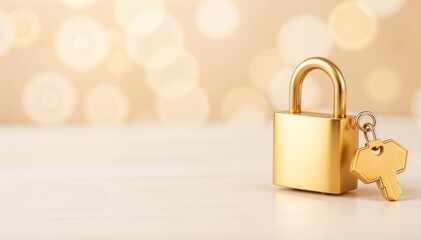 Elegant Golden Lock and Key on Light Wooden Surface