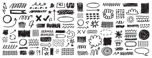line hand drawn brush vector element doodle set. Grunge abstract chalk spiral, arrows element scribble line brush hand drawn sketch design.