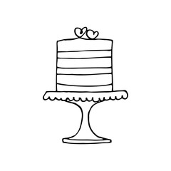 cake decorated with two hearts on cake stand line art doodle style