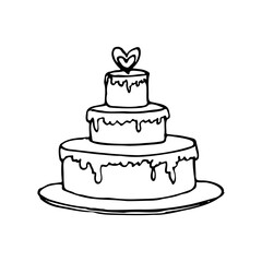 three tiered cake covered in icing with a heart on top - line art doodle style
