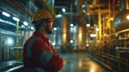 A man in a red and orange safety suit stands in a large industrial building