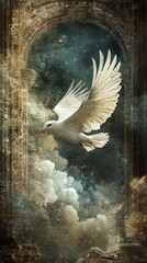 Obraz premium White Dove in Flight: A Mystical Journey Through Ancient Ruins