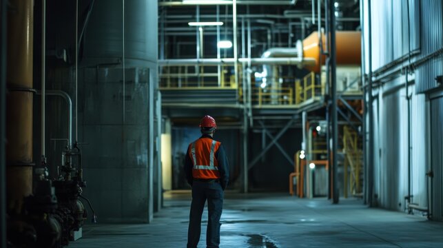 A man in a safety vest stands in a large industrial building