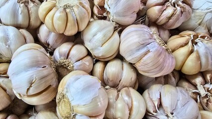 close-up view of garlic bulbs. 