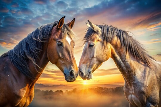 Double Exposure: Loving Horse Couple, Romantic Animal Portrait - Powered by Adobe