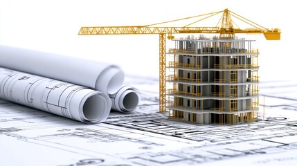 Construction Site: Blueprint, Crane, and Building Model