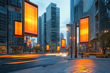 A dynamic downtown intersection with high-tech floating signage and sleek, glowing street furniture