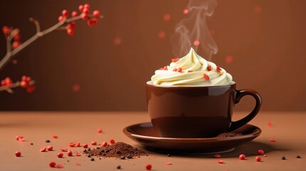 Aromatic Hot Beverage with Whipped Cream and Sweet Decorations in a Brown Mug on Saucer