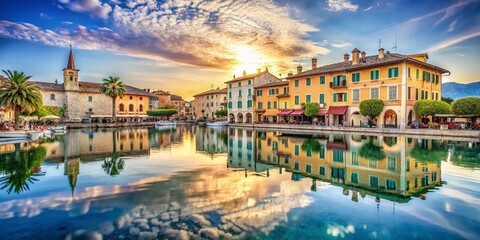 Fototapeta premium Double Exposure: Peschiera del Garda's Historic Charm, Venetian Architecture & Serene Lake Views