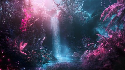 Fototapeta premium Enchanted Waterfall: A Surreal Night in the Jungle