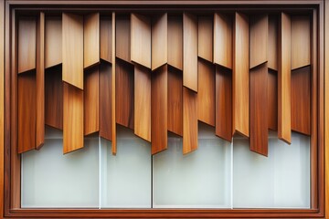 A facade with a cascading pattern of overlapping wooden slats and frosted glass accents