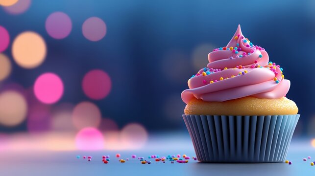 Pink frosted cupcake with sprinkles against bokeh background.