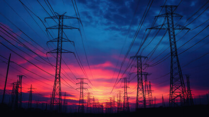 Electric grid power lines at sunset glowing sky