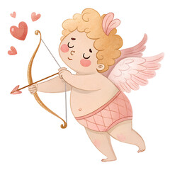 Chubby cupid with pink wings, heart arrow, and closed eyes in a playful pose. Watercolor Valentine's Day illustration