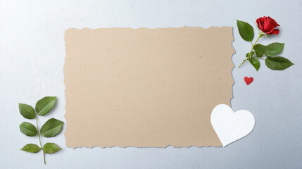 vintage postcard design featuring blank paper, red rose, and hearts in soft pastel colors. Perfect for romantic messages and heartfelt notes