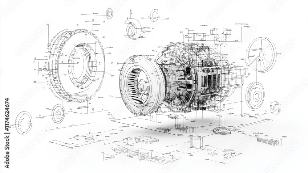 Poster detailed engineering drawing of a complex machine: a intricate and detailed technical illustration o