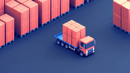 Fototapeta premium Efficient logistics with truck transporting stacked boxes in warehouse. This 3D illustration showcases modern supply chain management and optimization tools