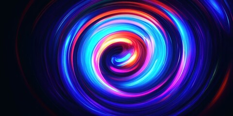 Swirling neon spiral, vibrant rainbow colors, glowing energy vortex, abstract digital art, electric blue and purple hues, dynamic motion blur, cosmic whirlpool, dark background, luminous streaks, psyc