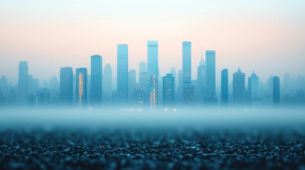 Fototapeta premium foggy cityscape at dawn with glowing streetlights illuminating skyline. soft light creates serene atmosphere, highlighting tall buildings in distance