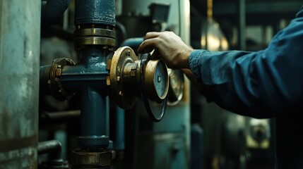 A man is adjusting a valve on a pipe
