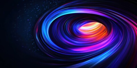 Swirling neon spiral, vibrant rainbow colors, glowing energy vortex, abstract digital art, electric blue and purple hues, dynamic motion blur, cosmic whirlpool, dark background, luminous streaks, psyc