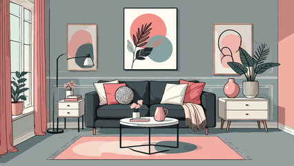 A minimalist living room with pastel accents, featuring a dark gray sofa, blush red throw pillows, a white marble coffee table, and abstract painting in contrast hues hanging on the wall 