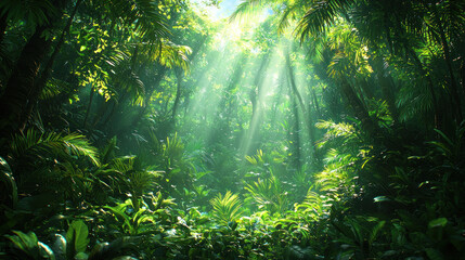 Obraz premium dense tropical rainforest with vibrant green foliage and sunlight filtering through canopy, creating serene and enchanting atmosphere