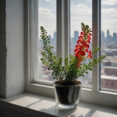 A Snapdragon plant in a small pot on a white windowsill with a cityscape visible through the glass in a stylish apartment.