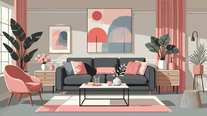 A minimalist living room with pastel accents, featuring a dark gray sofa, blush red throw pillows, a white marble coffee table, and abstract painting in contrast hues hanging on the wall 