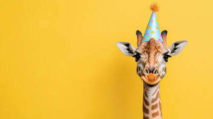 giraffe wearing colorful party hat smiles joyfully against bright yellow background, perfect for celebrations and fun occasions