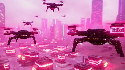 Obraz premium Futuristic Drones Flying Over Neon Urban Landscape at Sunset