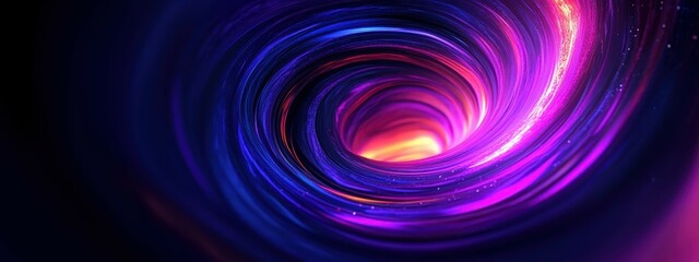 Obraz premium Swirling neon spiral, vibrant rainbow colors, glowing energy vortex, abstract digital art, electric blue and purple hues, dynamic motion blur, cosmic whirlpool, dark background, luminous streaks, psyc