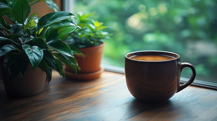 cozy scene featuring coffee cup on wooden table beside lush green plants, creating serene atmosphere perfect for relaxation and contemplation