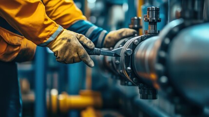 A man in a yellow jacket is working on a pipe with a wrench