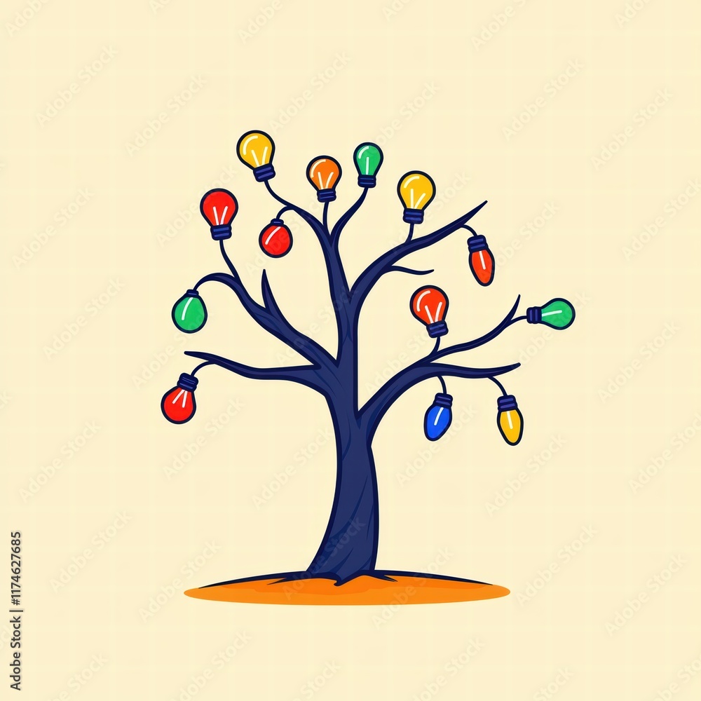 Poster colorful tree with light bulbs on branches in simple minimalist style on light background