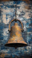 Fototapeta premium Rusty Old Bell Hanging on a Blue Wall