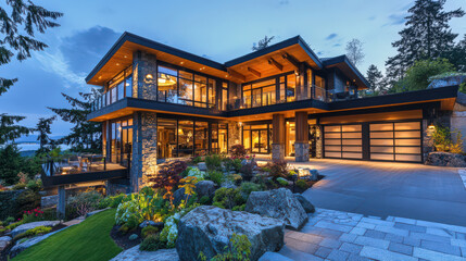 Fototapeta premium Modern house exterior home with garage is beautiful