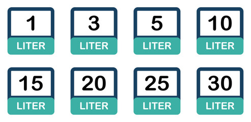 Liter icon set. Liters- 1,3,5,10,15,20,25,30. Fluid volume in liters. Capacity of oil and water icon set. Liter icon fluid volume in liters liquid drop litre. Liquid measure in liters.