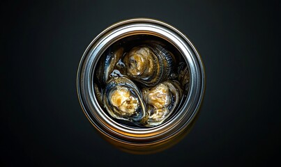 Canned mussels, overhead view, dark background, food photography, recipe