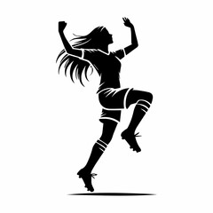 Silhouette of a joyful female soccer player in mid-celebratory jump.
