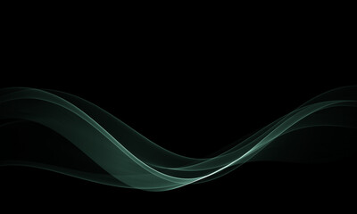Black background with glowing waves. Abstract gray transparent flow of waves.