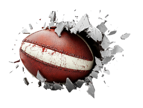 Rugby Ball Breaking Through a Steel Wall on Transparent Background