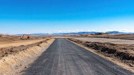 Wide Open Road Construction Project Amidst Scenic Mountainous Landscape Under Clear Blue Sky