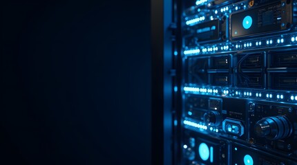 Obraz premium Glowing Blue Server Rack: A futuristic data center, intricate hardware, and cool blue lighting create a captivating digital landscape.