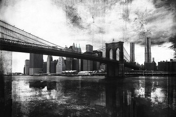 Lower Manhattan skyline and Brooklyn bridge in New York City with generative ai
