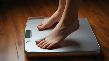 Fototapeta premium Weight check: Bare feet on a digital scale, a moment of self-assessment and health consciousness.