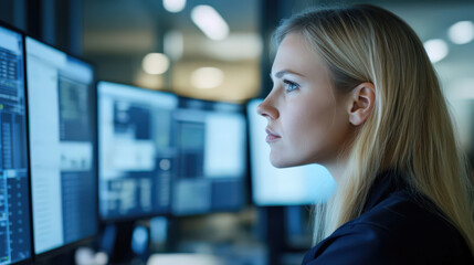 Blonde woman analyzing computer monitors intently. Focused woman in office setting