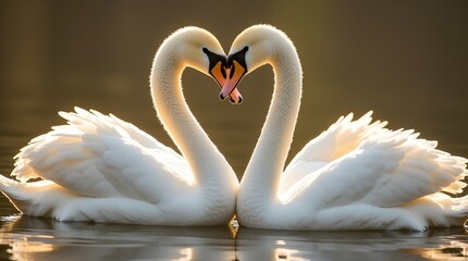 Fototapeta premium Two swans create a heart shape with their necks, bathed in the golden sunlight, a breathtaking symbol of love and devotion.